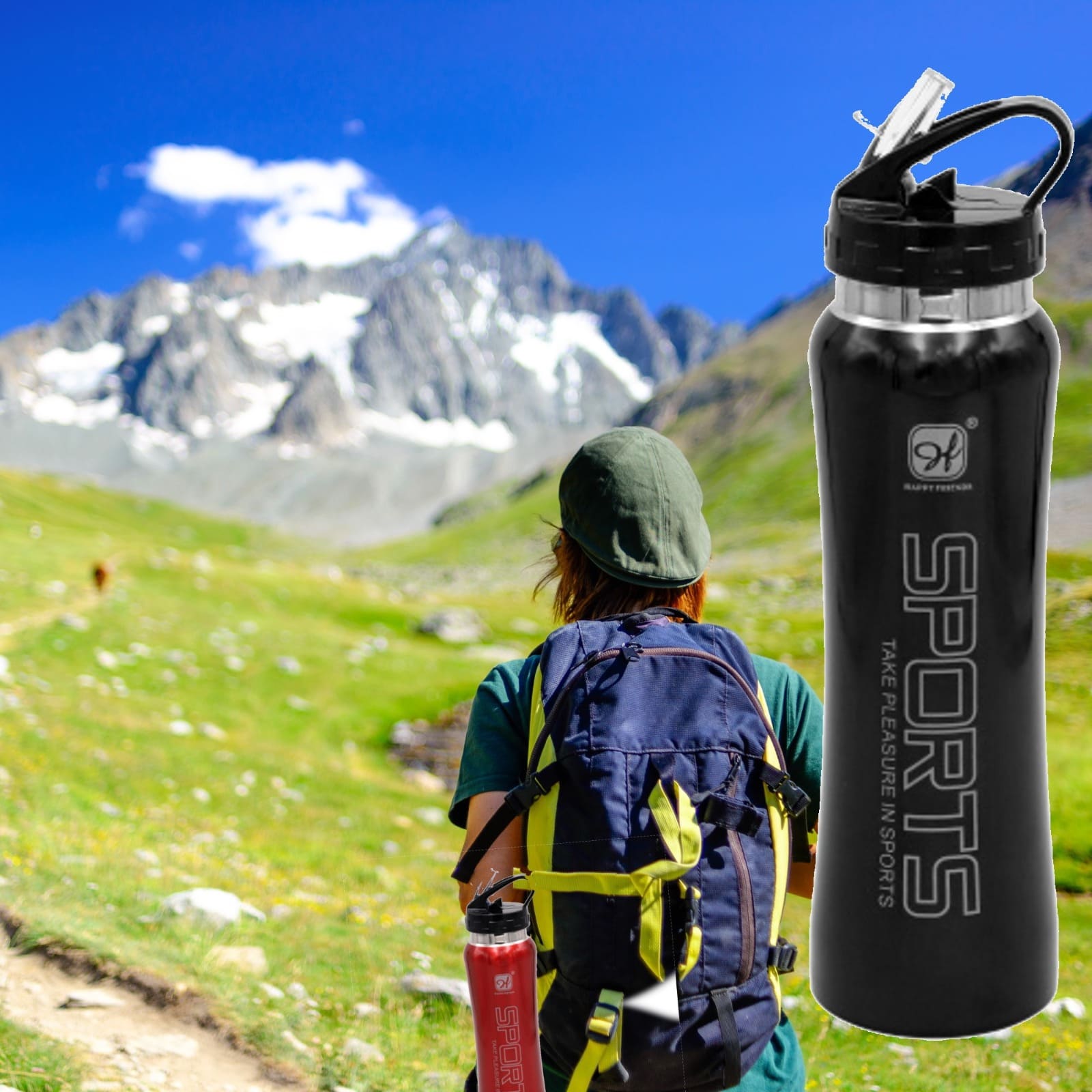 Botella de Agua de Acero Inoxidable Color Negro de 750 ml - Con Pipeta Abatible 2 Botella de Agua de Acero Inoxidable